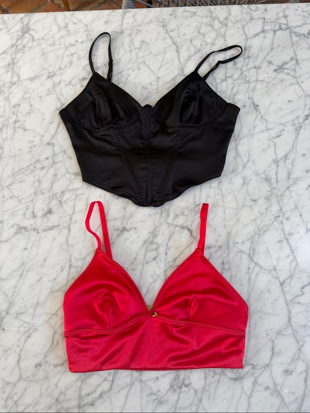 Garage Black Satin Bustier & Red Satin Bralette Bundle Women Sz Small